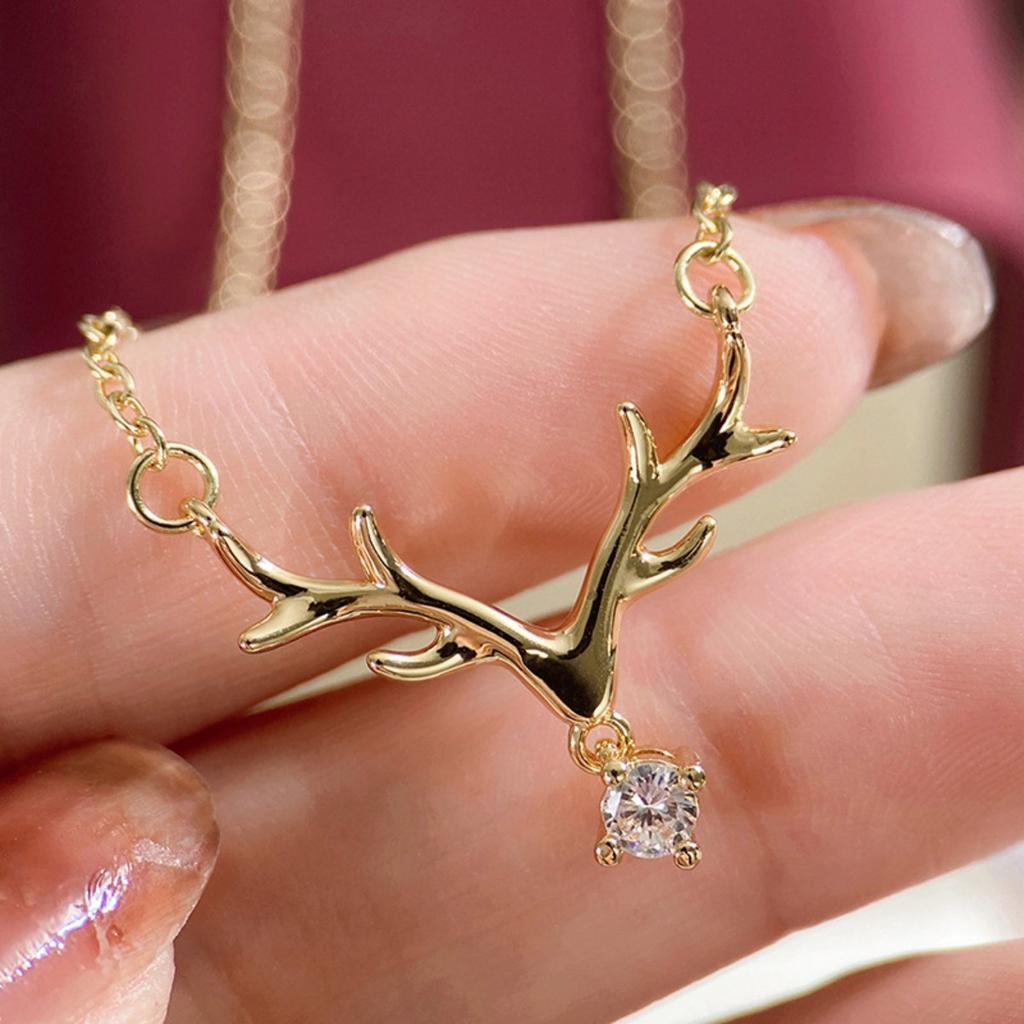Symmetric Deer Antler Single Dangling Round Stone Pendant Women Cable Chain Clavicle Necklace