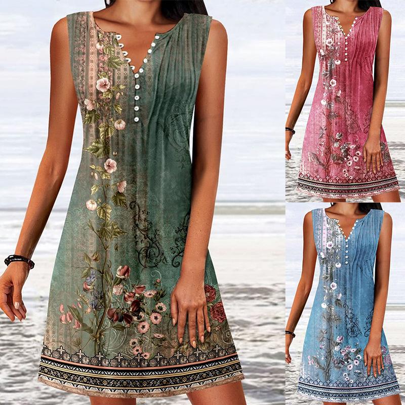 Women's V-Neck Vest Printed Button Waist Sleeveless Knit Dress