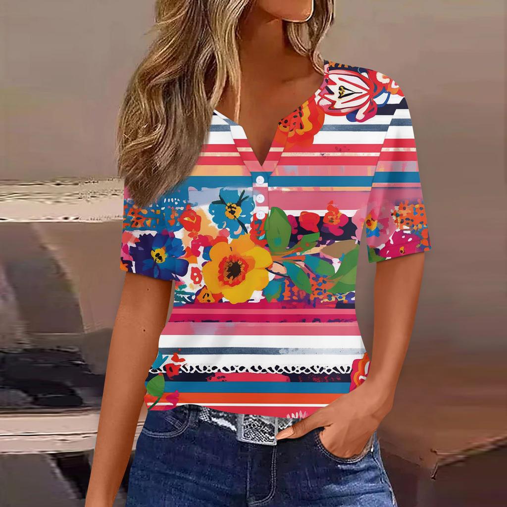 Damen T-Shirt mit Aufdruck und Knopfleiste, kurzärmelig, für den Alltag, Wochenende, modisch, Basic, V-Ausschnitt, normales Oberteil