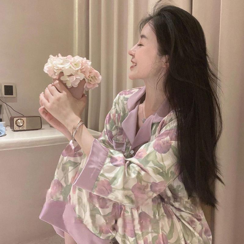 Women's Ice Silk Pajama Set - Long-Sleeved Top & Trousers for Spring/Autumn