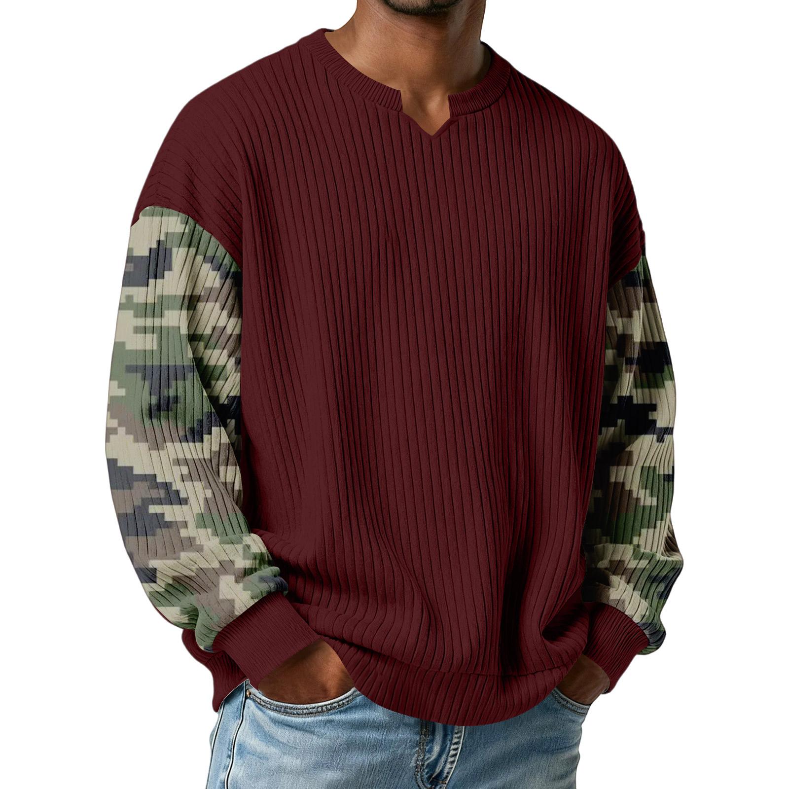 

Чоловіча камуфляжна стильна футболка з V-подібним вирізом, фактурна в рубчик, з довгим рукавом XL винний