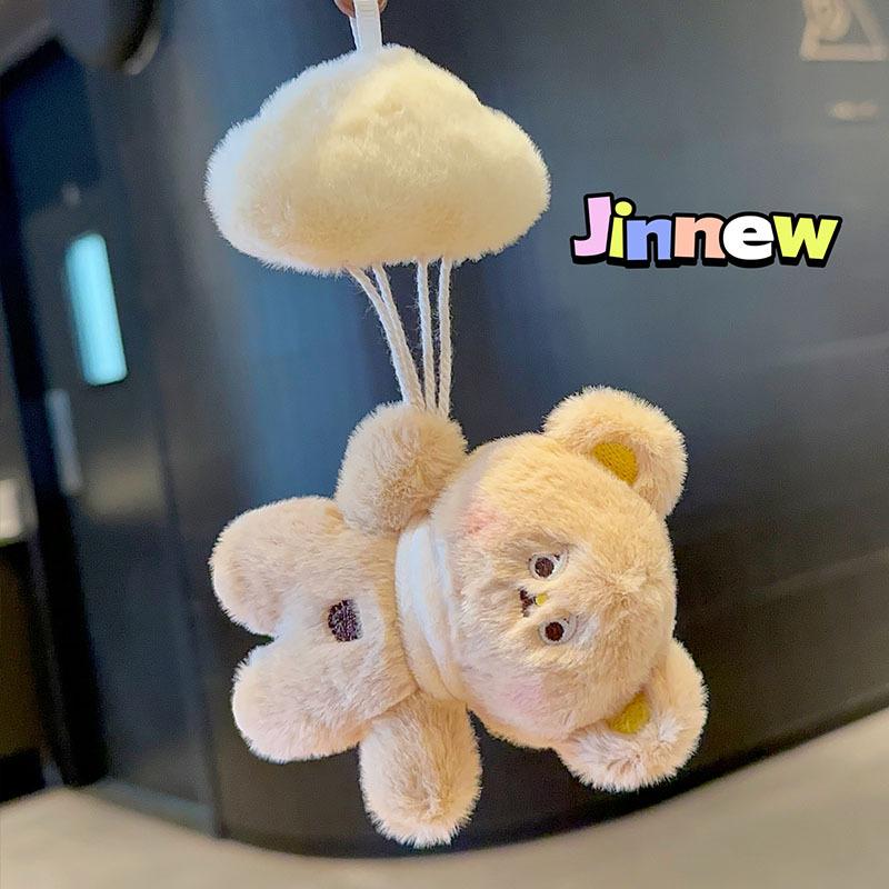 Fuzzy Bear Keyring, Adorable Plush Pendant with Scarf & Parachute Accessory,Cute Parachute Bear Plush Keychain