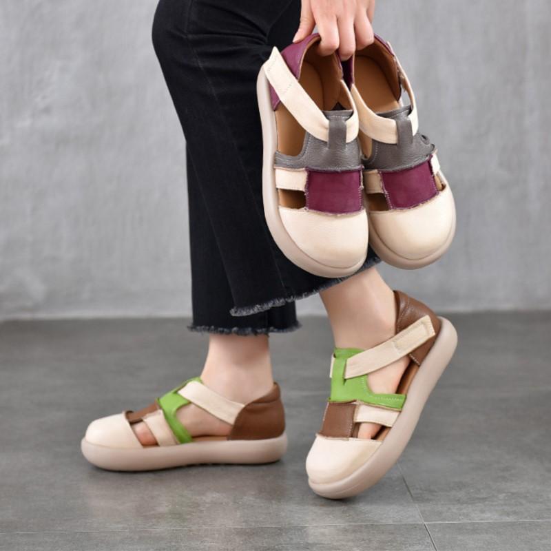 Johnature Genuine Leather Mixed Colors Hollow-out Sandals Casual Round Toe Thick Soled Women's Shoes