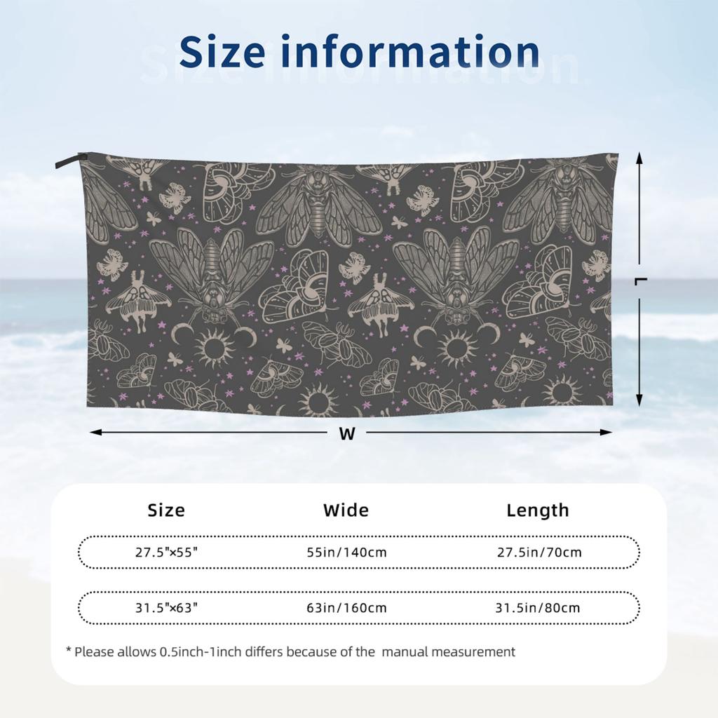 Esoteric Cicada And Moth Witchy Celestial Sun Moon Pattern Beach Towel Soft Microfiber Quick Dry Absorbent Quick Towels For Bath