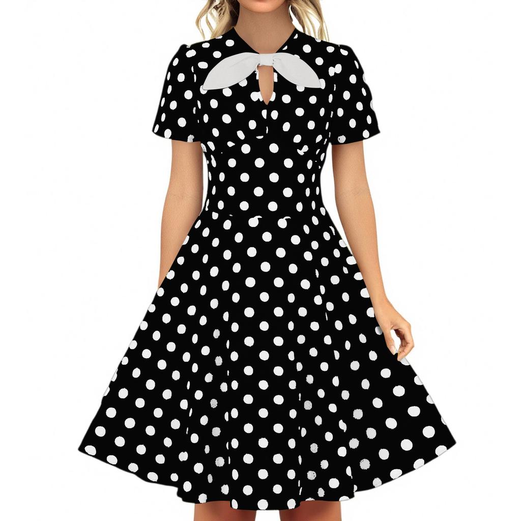 Women's Round Neck Bow Tie Polka Dot Short Sleeve Retro Swing Dress