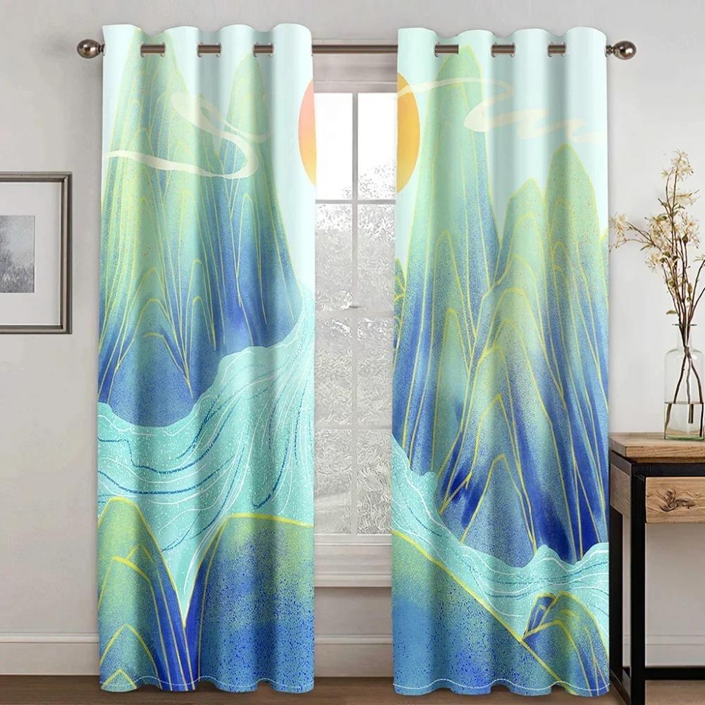 Japanese Style Chinese Painting Landscape Cloud High Shading Curtain for Bedroom Living Room Hotel Window 2 Pcs Blackout Drape