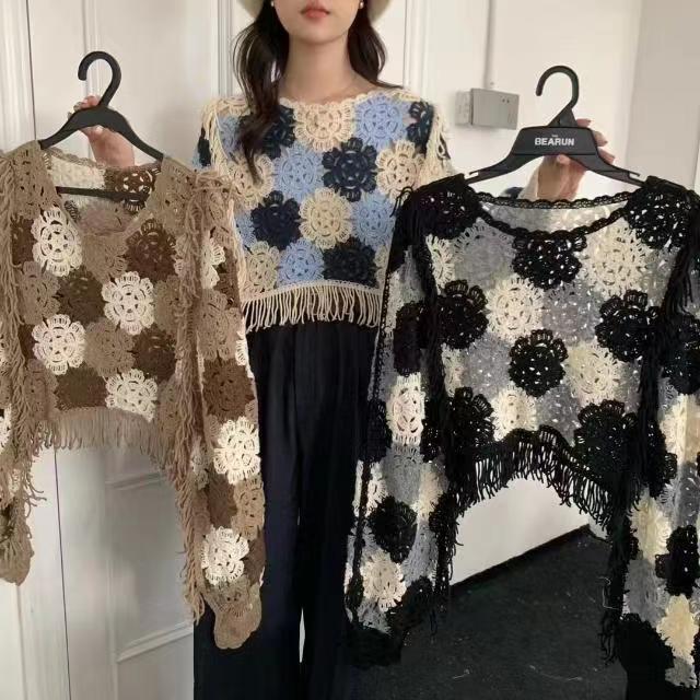 2023 Plus Size Women's Crochet Hollow Long Sleeve Knit Top - Loose & Versatile for Spring/Summer