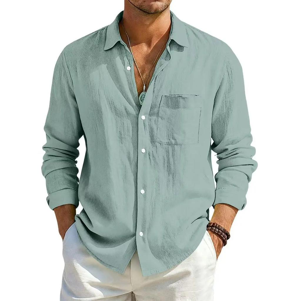 Herren Sommer Langarmhemd Einfarbig Locker Baumwolle Leinen Hemd Mit Taschen Sommer Atmungsaktiv Mode Freizeithemden für Herren