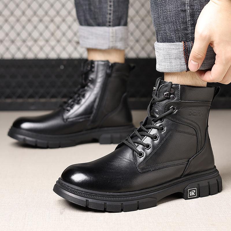 First layer cowhide Martin boots men's trendy tooling leather winter velvet warm leather boots men's casual high-top men's shoes