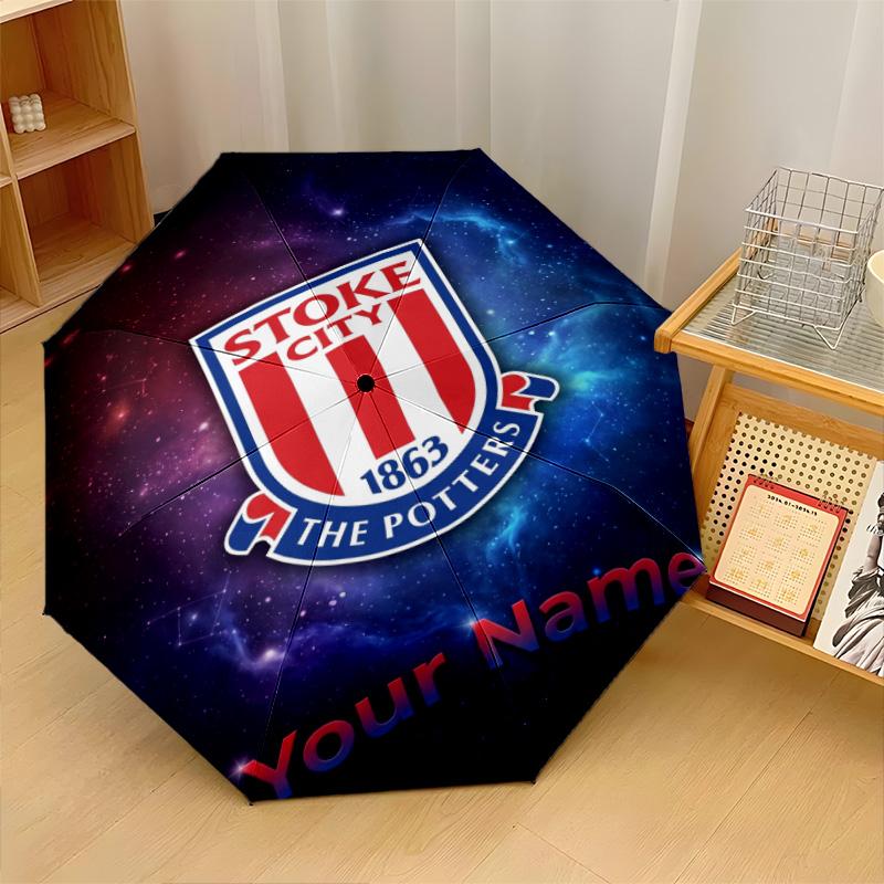 Stoke City FC Automatic 3‑Fold Umbrella 8‑Rib Windproof Folding Umbrella Sun Rain Protection For Outdoor Travel Daily Use