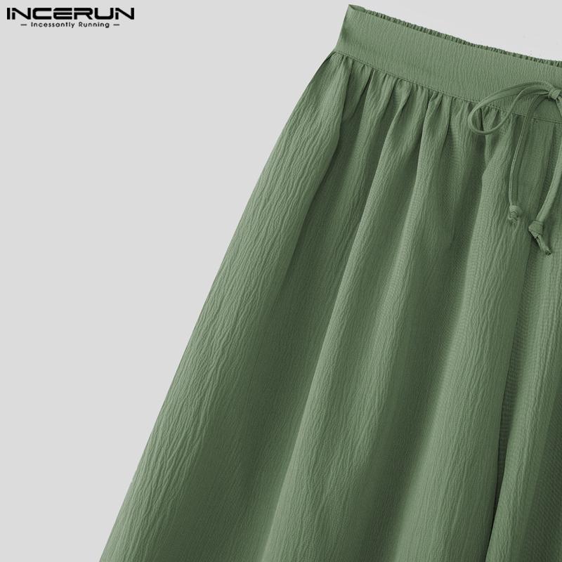 INCERUN  Vintage Men Drawstring Elastic Waist Solid Color Texture Irregular Cropped Loose Pants