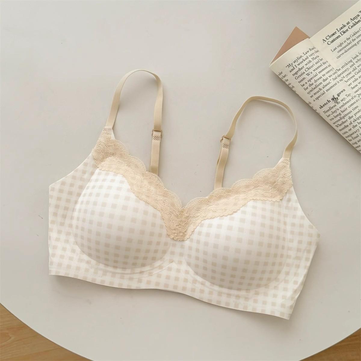 

Клетчатое кружево, без косточек, пуш-ап, нижнее белье для девочек, дышащее, с U-образной спинкой, красивое, предотвращающее провисание, удобный бюстгальтер XL абрикосовый
