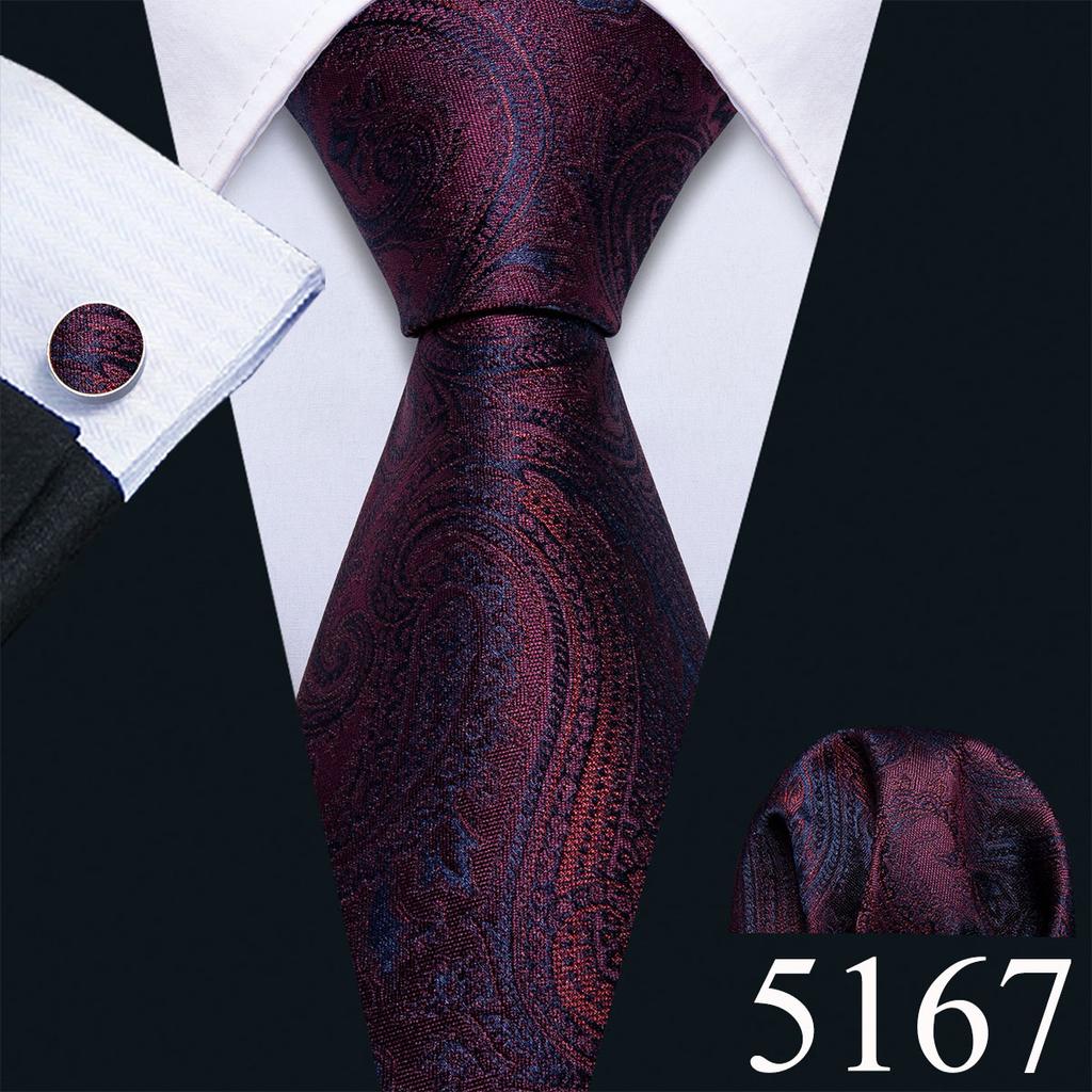 Barry.Wang Necktie Hankerchief Cufflinks Set Black Paisley Jacquard Woven Wedding