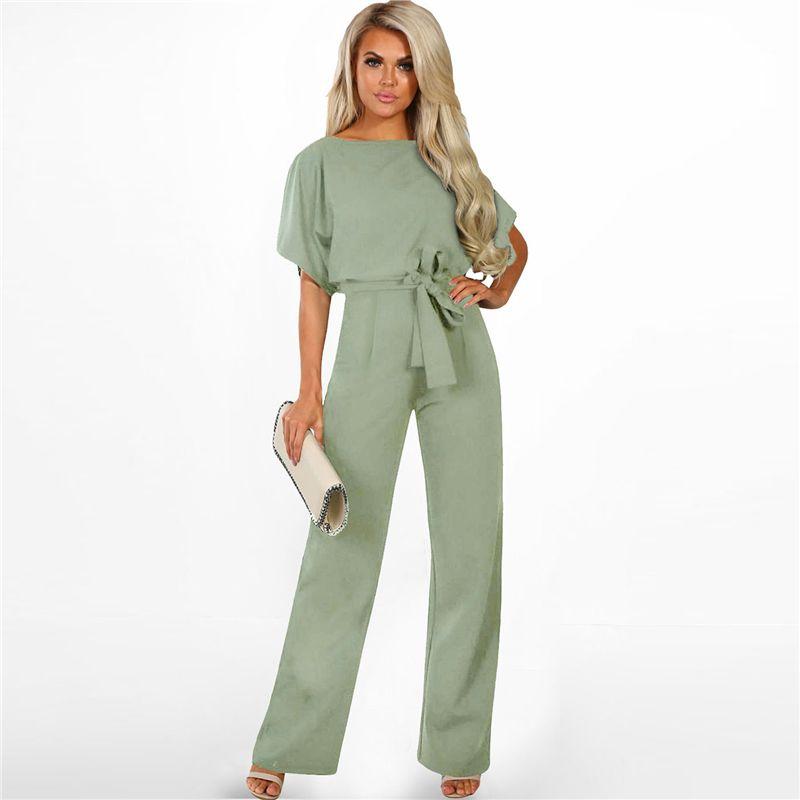 

American Shiying Solid Lace-up High Waist Straight Jumpsuit Women 2025 Summer New Short sleeve Jumpsuit Women Green 109 2XL code fits (75.00 kg-82.50 kg