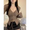 Black Slim-Fit Drawstring Navel-Baring Long-Sleeved Top for Women - Ideal for Spring and Summer