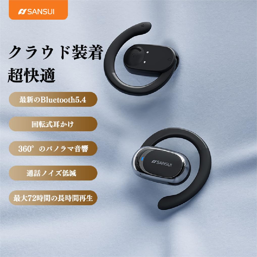 SANSUI W92 Wireless Earbuds, Bluetooth V5.4, Noise Cancelling, Automatic Pairing, No Ear Blocking, Ear-Hook Design, IPX4 Waterproof, Type-C, Fast