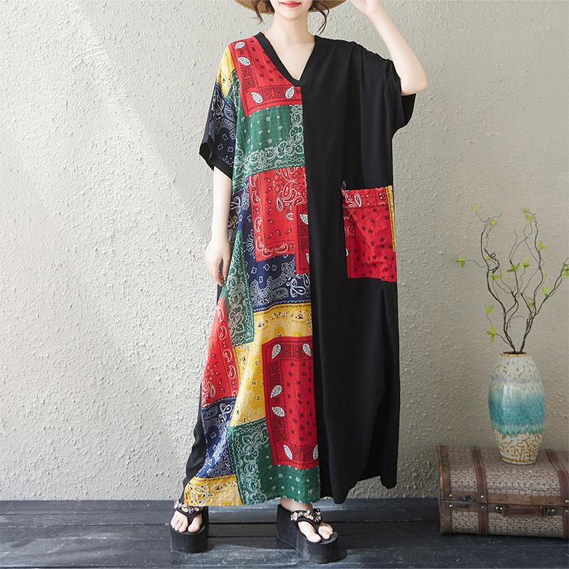 DIMANAF 2025 Summer Women Plus Size Dress Basic Casual Dress Loose Printing Long Beach Short Sleeve Dress