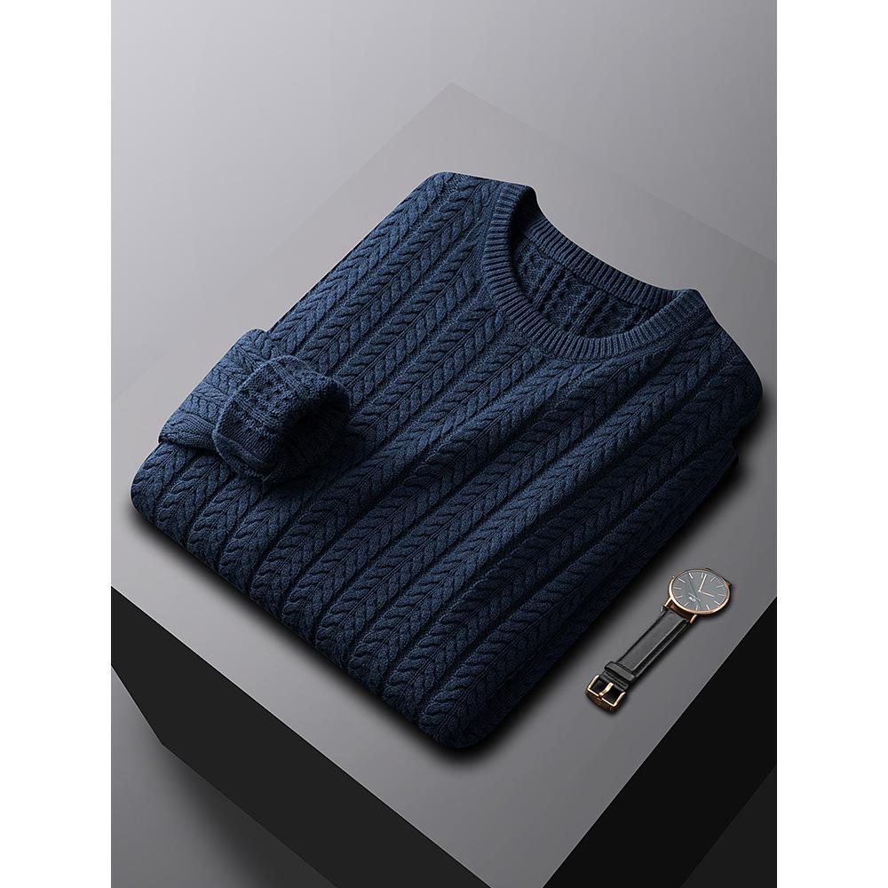 Men's Luxury All-Cotton Knitted Pullover - Thick, Solid Color, Velvet-Lined Cable Knit for Autumn and Winter