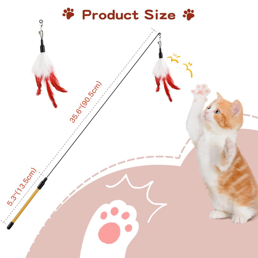 Feather Teaser Cat Toy Flying Feather Cat Catcher with Extra Long 34.5" Wand and Small Bell Fun Exerciser Playing Toy for Kitten