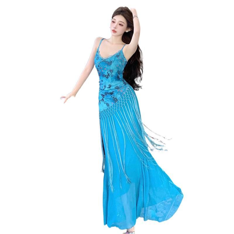 Bali seaside vacation blue print suspender dress women's summer new elegant beach dress