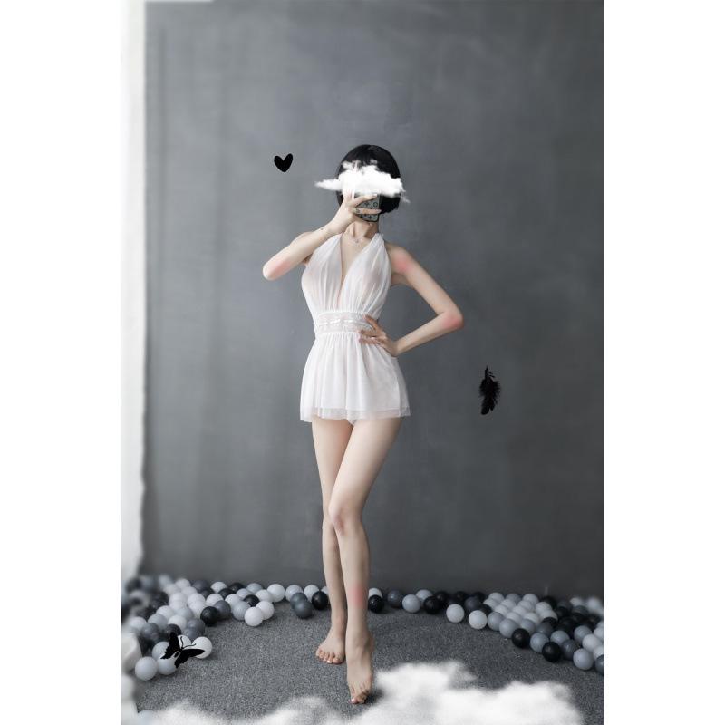 European-American Deep V Backless Mesh Halter Nightdress
