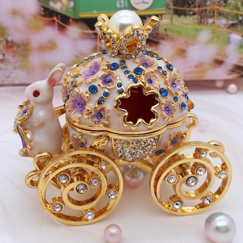 European Style Jewelry Storage Box,Pumpkin Cart White Rabbit Holder Alloy Inlaid Gem Ring Storage Jar Dresser Earrings Organizer