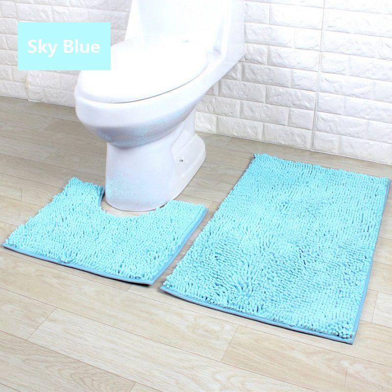 2 Piece Bath Mat Set Non Slip Toilet Pedestal Soft Foam Shaggy Rug Chenille