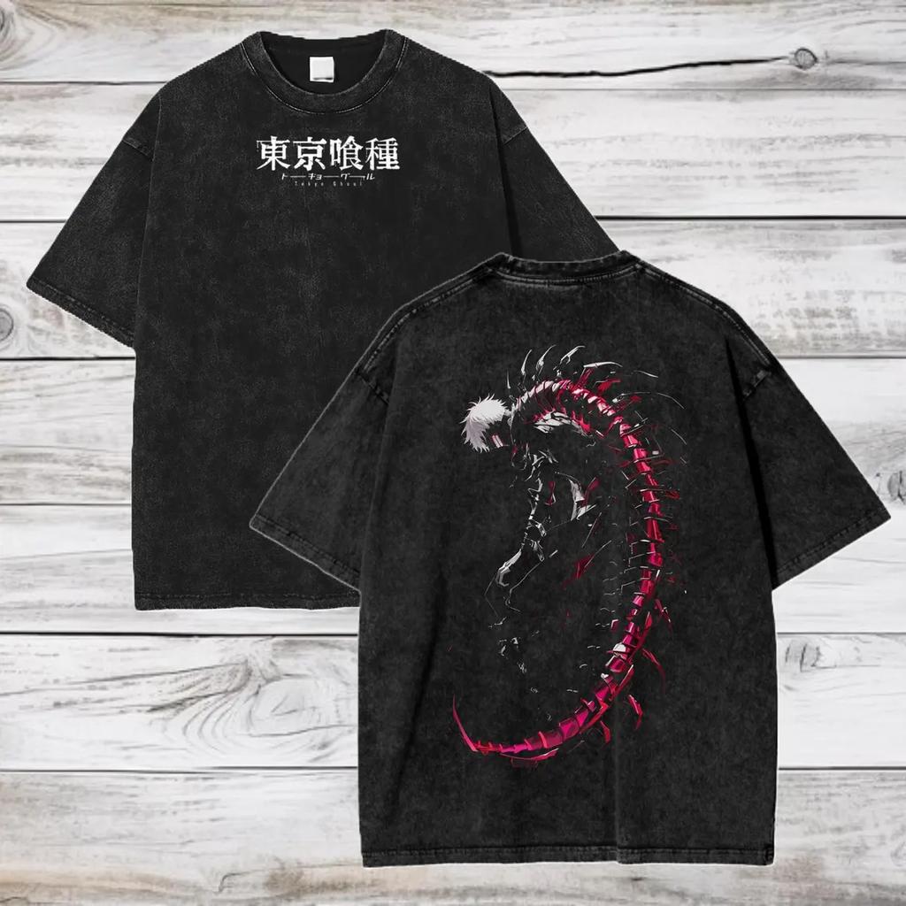 Manga Tokyo Ghost Printed Tshirt Summer Cotton Short Sleeve Tees Ken Kaneki Washed Oversized T Shirt Mens Womens Clothing