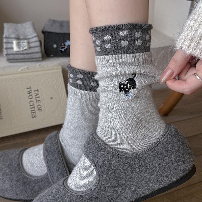 Gray Wool Socks Children'S Season Warm Medium Tube Socks Cute Cartoon Embroidered Cat Striped Cloth Label Stacking Socks