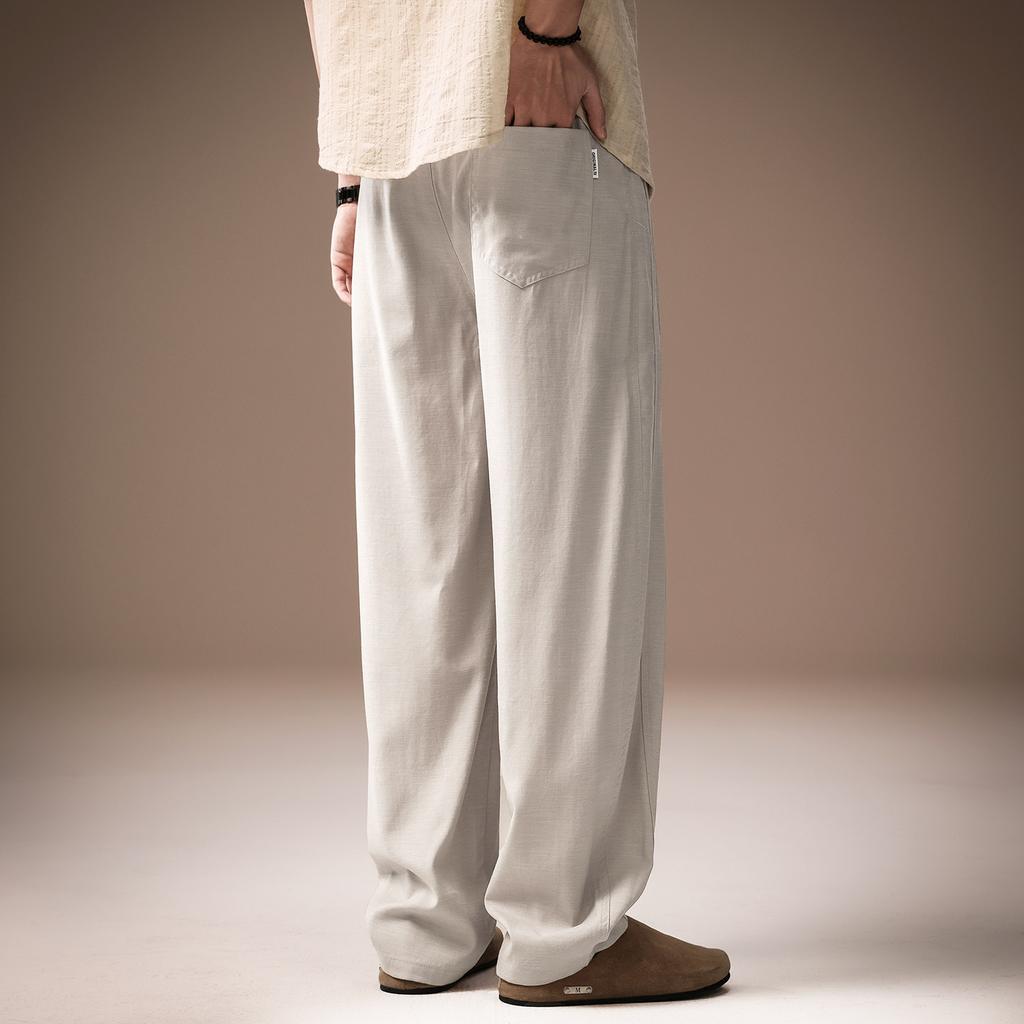 High-end old money Fengtencel linen drape casual pants men's summer thin splicing loose straight wide-leg pants