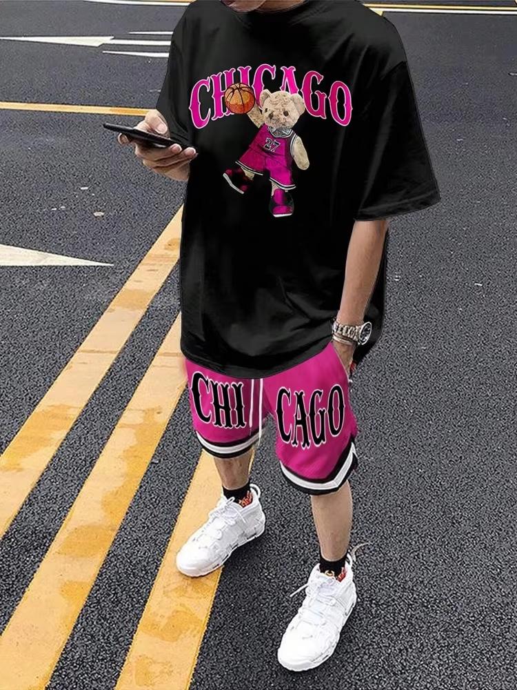 

Cartoon Bear 3D Printed Men s Round Neck Short Sleeve 2-piece Set Men s Urban Street Trendy Top Outdoor Men s Drawstring Shorts S