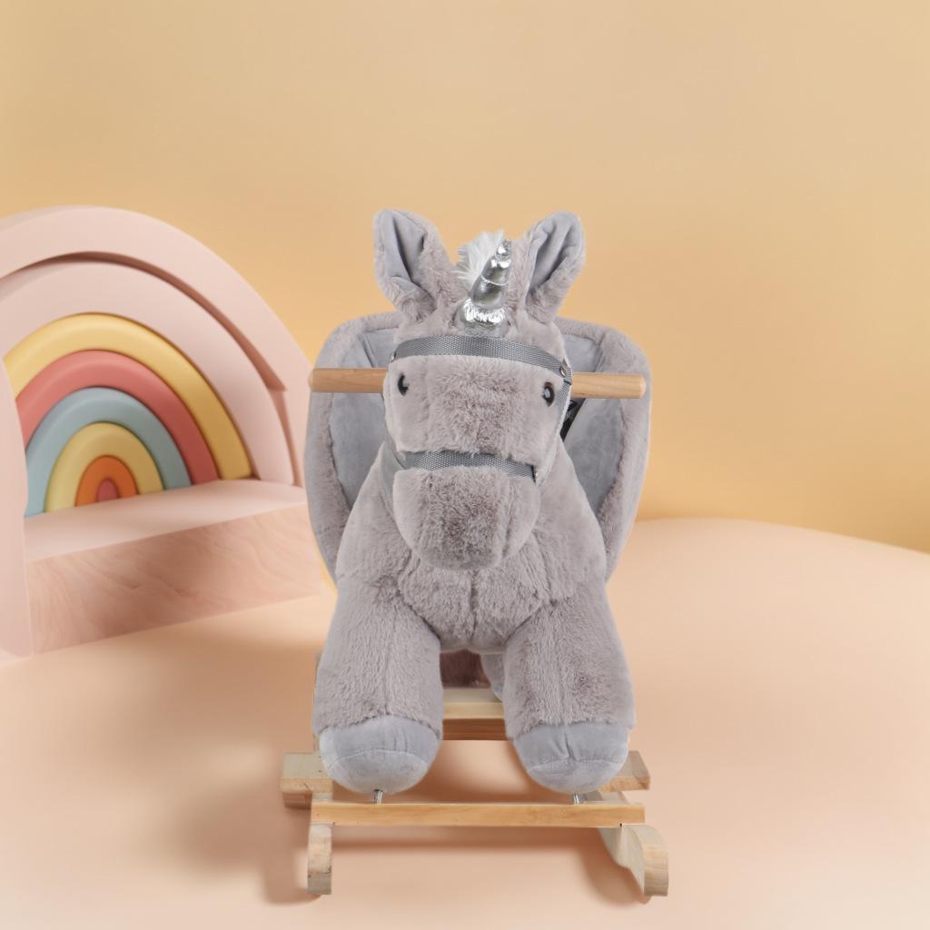 Plush Musical Rocking Horse with Wooden Base, Perfect First Birthday Gift for One-Year-Olds.