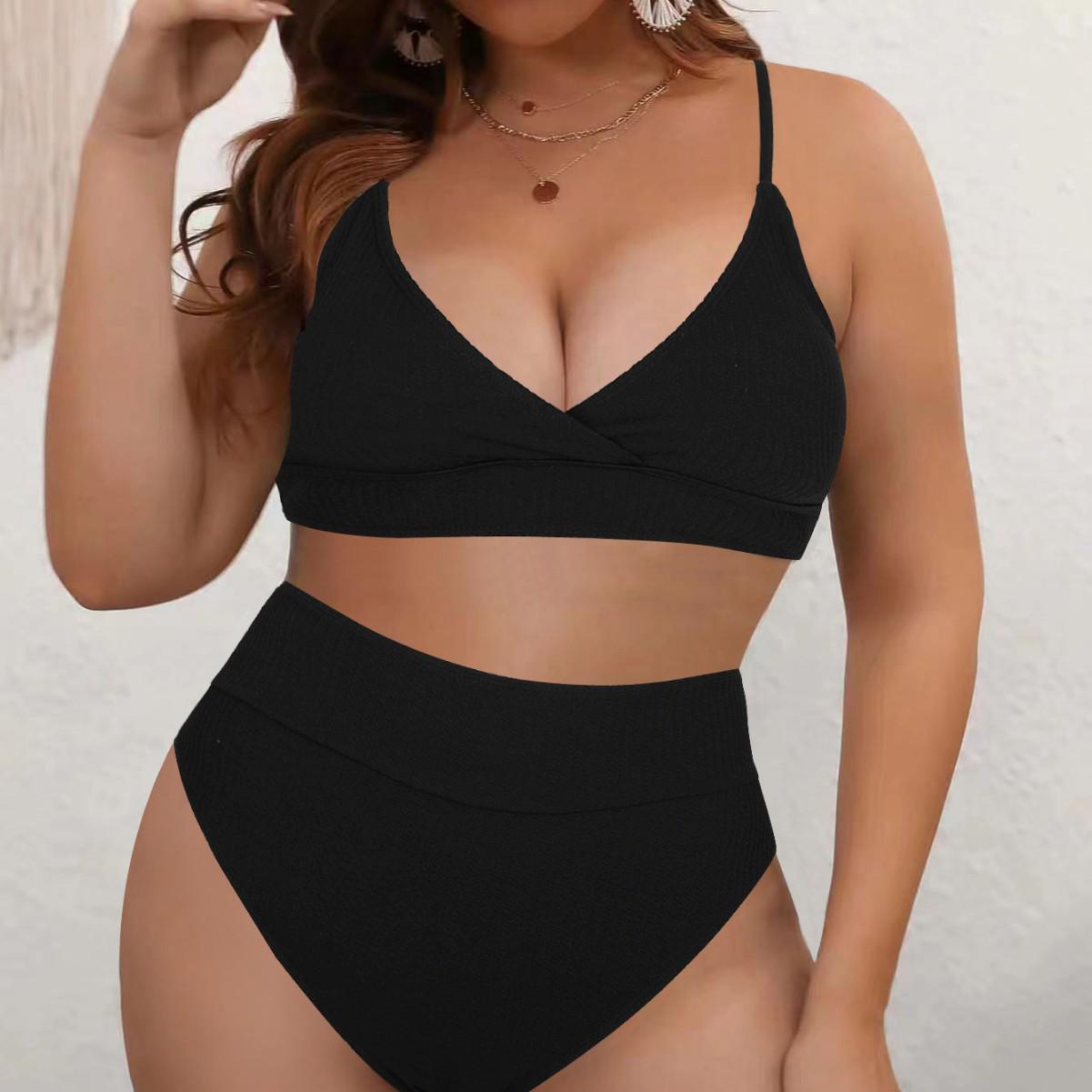 

2024 Plus Size European American Ribbed Strappy High Waist Bikini - Sexy Split Swimsuit XL чёрный