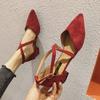Burgunderfarbene Dameneinzelne Schuhe Frühling Flachsohlige Spitze Vielseitige Sanfte Fee Schuhe Kreuzgurt Damenschuhe