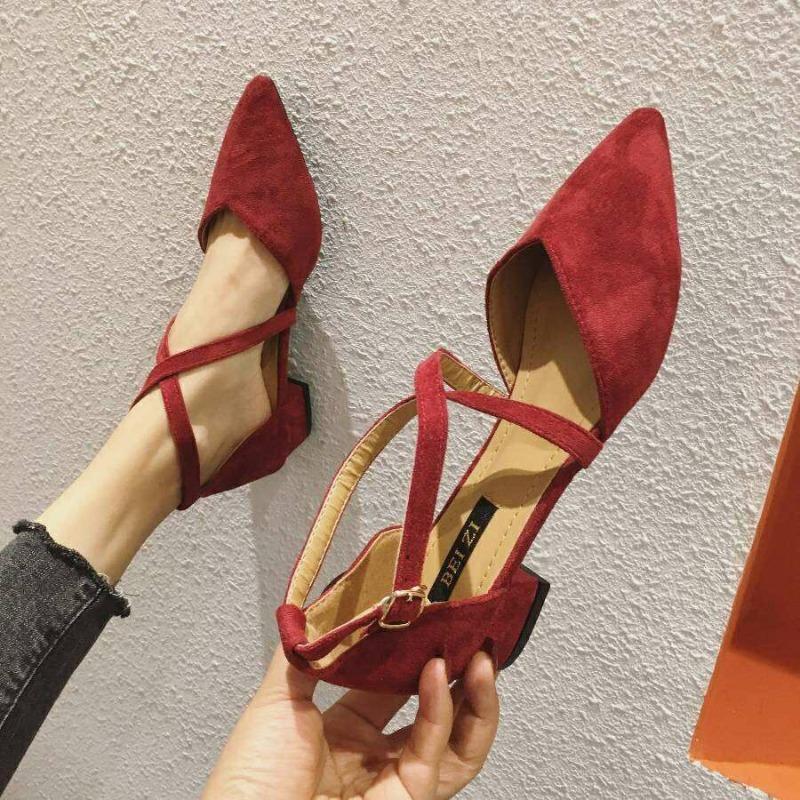 Burgunderfarbene Dameneinzelne Schuhe Frühling Flachsohlige Spitze Vielseitige Sanfte Fee Schuhe Kreuzgurt Damenschuhe