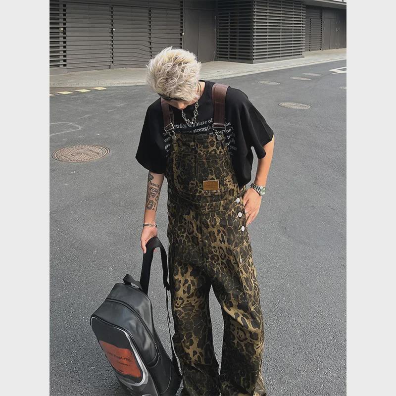 Unisex Retro Leopard Print Denim Overalls - Trendy, Loose-Fit American-Style Jumpsuit
