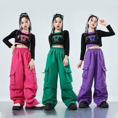 Dziecięce Street Dance Modne Zestawy Ubrania do Tańca Jazzowego Hip-hop dla Dziewczynki Dopasowanie Kolorów Fajne Spodnie z Szerokimi Nogawkami Zestaw 2-częściowy