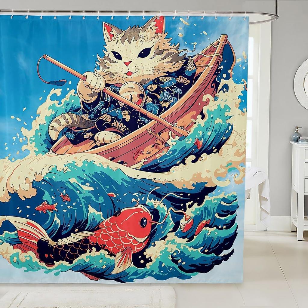 Cartoon Cat Shower Curtain,Japanese Ukiyo Painting Waves Sunrise Bathroom Curtain Kids Teens Women Room Decor,Ocean Waterproof