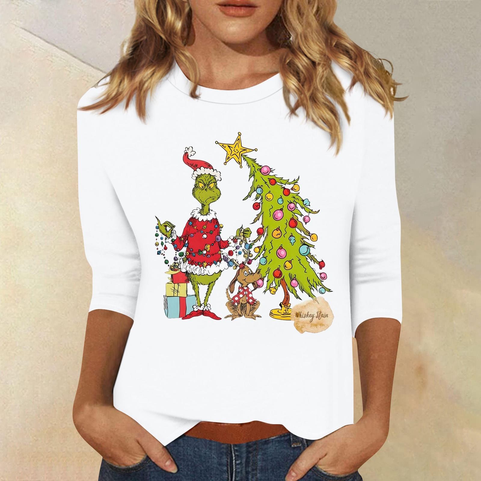 

3/4 рукава топы для женщин футболка повседневные рождественские принты топы футболка круглый вырез пуловер блузка XL белый