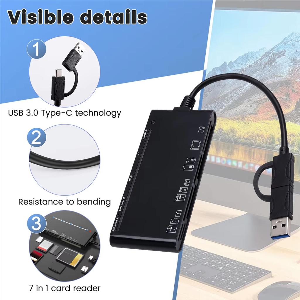 CR7 Type-C/USB 3.0 Multi-Function Card Reader CF/XD/MS/SD/TF Memory Card Reader for Phone Tablet Laptop PC