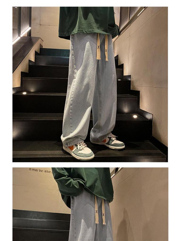 Men's Retro Solid Color Jeans: Spring & Autumn Straight-Leg Dad Pants, Loose Fit, Black/Grey, Wide Leg, Versatile Casual Long Pants