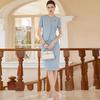 Women's Short Sleeve Blue Professional Skirt Suit - Summer Fashion Round Neck Reception Uniform