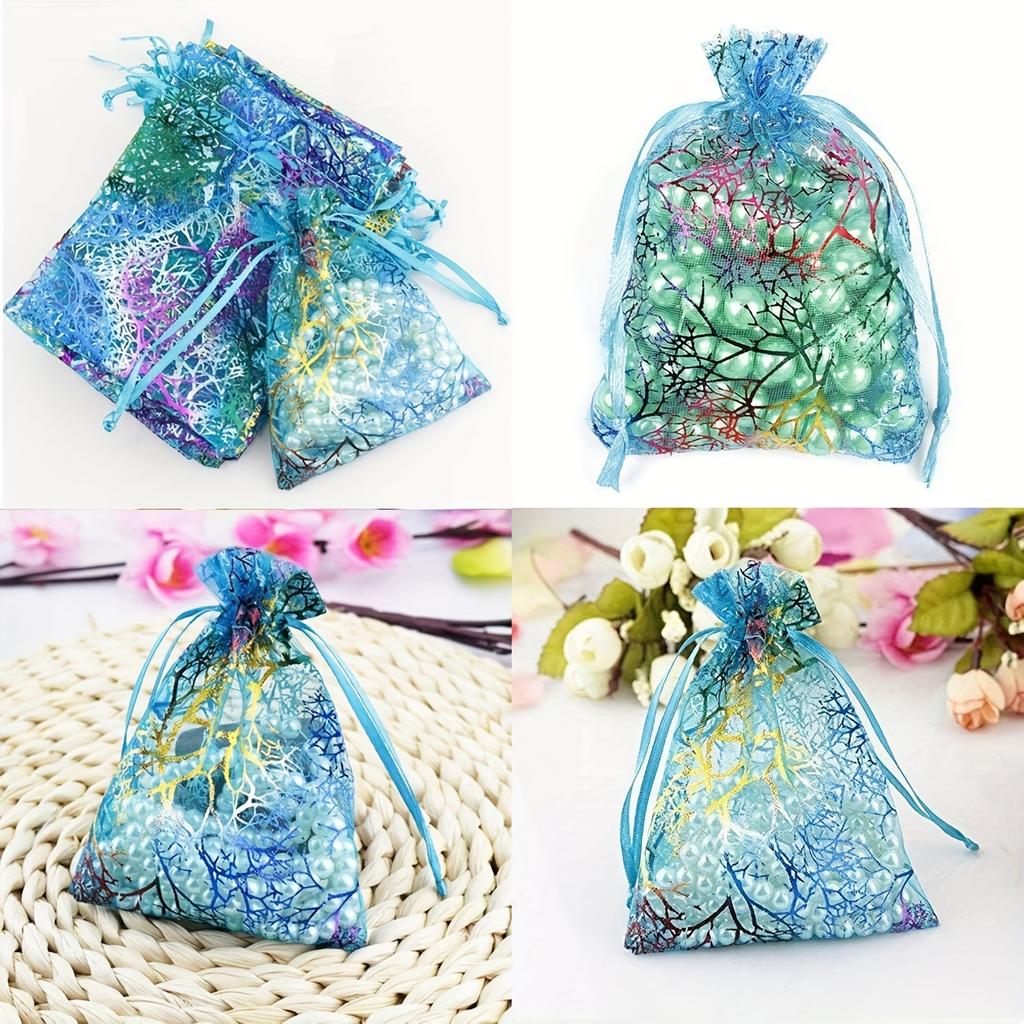 50pcs Elegant Jewelry Gift Bags Closure Golden Floral Design Mesh Pouches Candy Party Favors Organza Gift Bags with Drawstring
