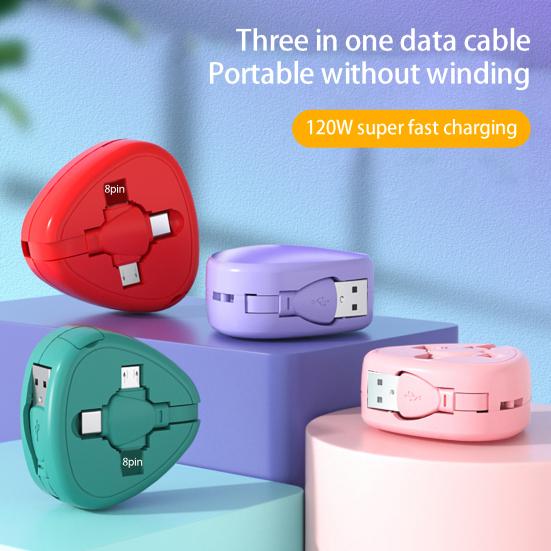 Phone Data Cable Retractable Wide Fast Charging Output Multipurpose Extra-Long Compatible Stable ABS 3-in-1 120W