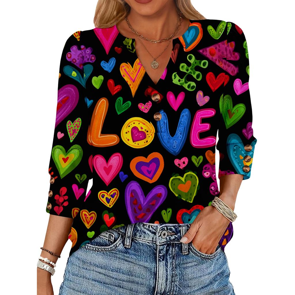 Women's Loose 7-inch Sleeve Top with Heart Print