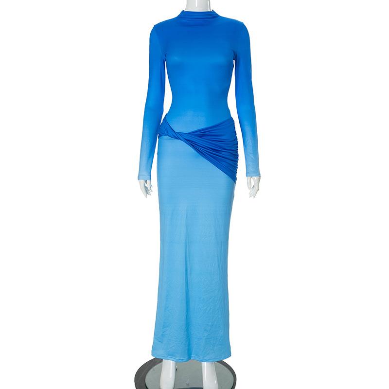 

Женское осеннее темпераментное длинное платье с длинными рукавами, скрученное, усаживающееся, плиссированное, градиентное, облегающее, с высокой талией M