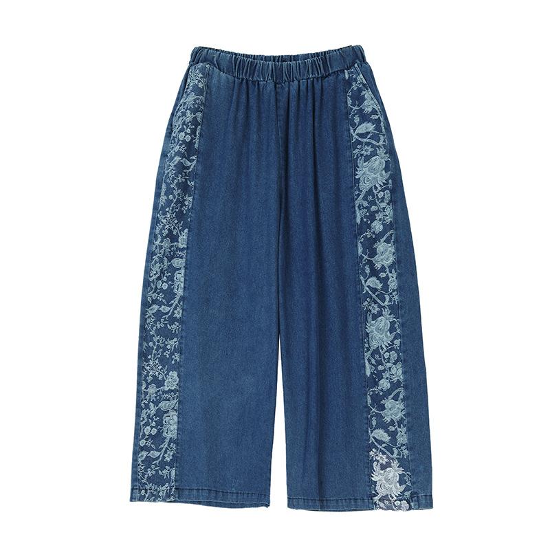 2025 Summer Thin Denim Splicing Denim Pants Female Casual Vintage Loose Women's Wide Leg Pants Fashion Straight Pants