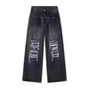 Men's American Retro Double Waist Ripped Patch Straight Jeans
