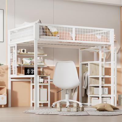 Loft Bed 140x200cm with Safety Ladder, Fence, Children Bed with Iron Frame Wardrobe And Computer Desk, White