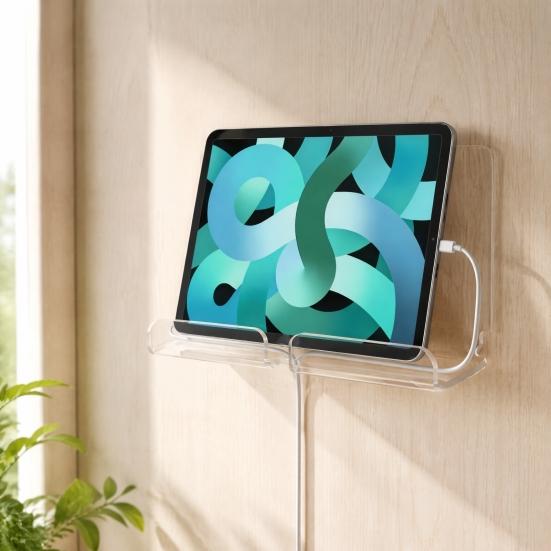 Universal Tablet Dock Acrylic Wall Mount Holder, Mounted Smartphone Stand, Kitchen Cable And Charging Hole Organizer for Living Room Office
